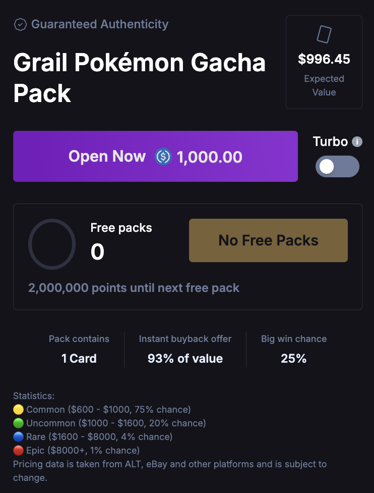 Collector Crypt, $1,000 Grail Pokémon Gacha Pack